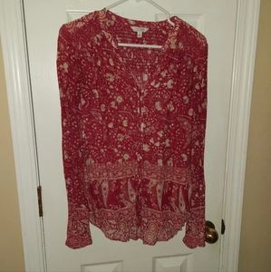 LUCKY BRAND SEMI-SHEER VISCOSE BUTTON FRONT BOHO BLOUSE EUC Like New!